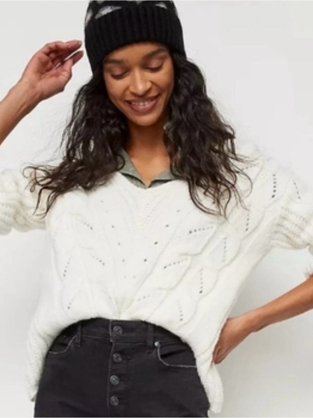 Anthropologie XS Ramona Chunky Cable-Knit V-Neck Women's Sweater in Ivory